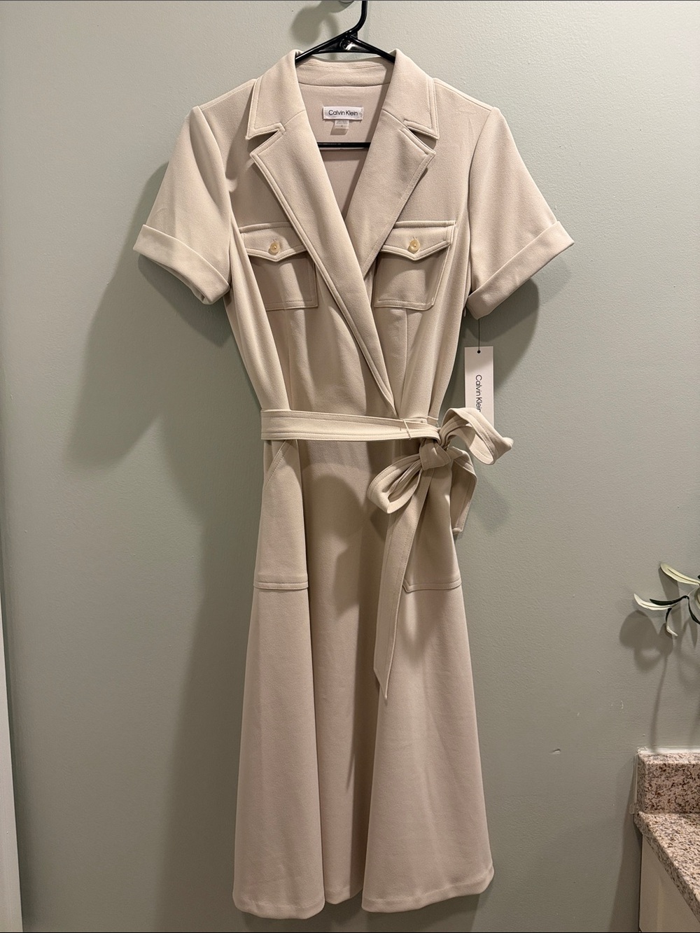 Calvin Klein Cream Short-Sleeve Wrap Midi Dress
